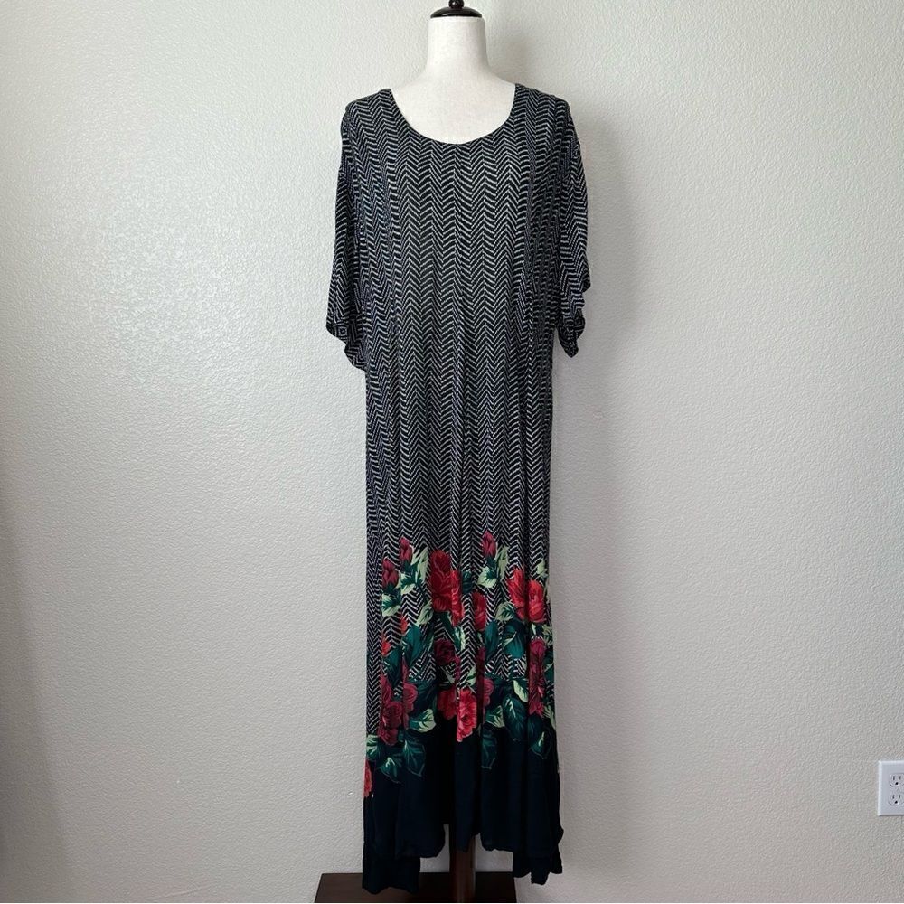 Women's Black Chevron Maxi Dress with Red Floral Hem
